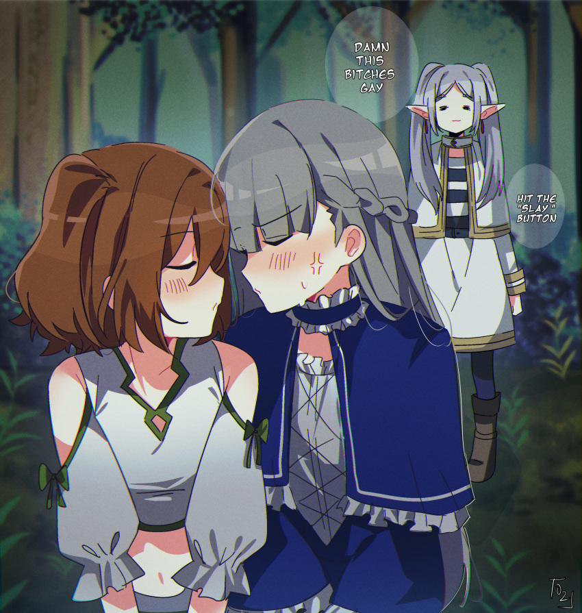 =_= absurdres anger_vein black_pantyhose black_shirt blue_capelet blue_dress blush boots brown_footwear brown_hair capelet closed_eyes commentary cropped_shirt dangle_earrings dress earrings english_commentary english_text engrish_text forest frieren gold_trim grey_hair highres imminent_kiss jewelry kanne_(sousou_no_frieren) lawine_(sousou_no_frieren) nature outdoors oz_sumire pantyhose pointy_ears puckered_lips ranguage shirt short_hair signature sleeves_past_elbows sousou_no_frieren speech_bubble standing striped_clothes striped_shirt tree twintails upper_body white_capelet white_dress white_shirt yuri