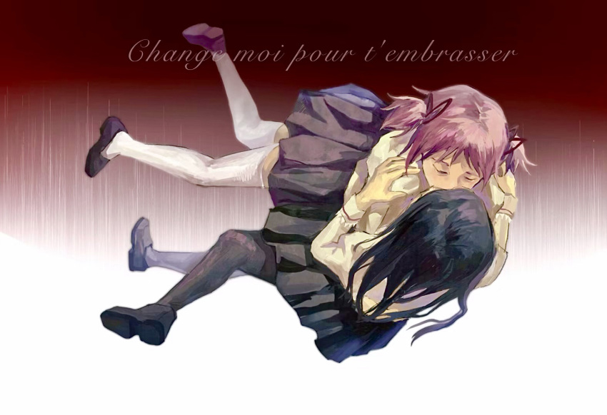 2girls akemi_homura black_footwear black_hair black_pantyhose black_skirt brown_background chinese_commentary closed_eyes commentary_request french_commentary french_text gradient_background juliet_sleeves kaname_madoka kiss long_hair long_sleeves mahou_shoujo_madoka_magica mahou_shoujo_madoka_magica_(anime) mixed-language_commentary multiple_girls pantyhose pink_hair pleated_skirt puffy_sleeves school_uniform shao_ziye shirt skirt thigh-highs translation_request twintails white_background white_thighhighs yellow_shirt yuri