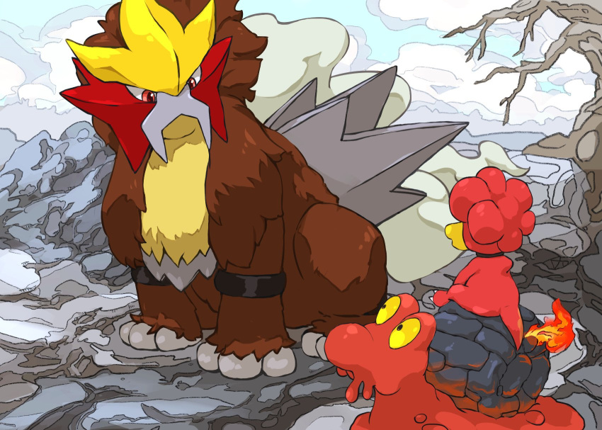 aomon_(yuuji7604) bare_tree black_eyes clouds colored_sclera commentary day entei flame-tipped_tail highres looking_at_another magby magcargo no_humans outdoors pokemon pokemon_(creature) red_eyes rock sitting tree yellow_sclera