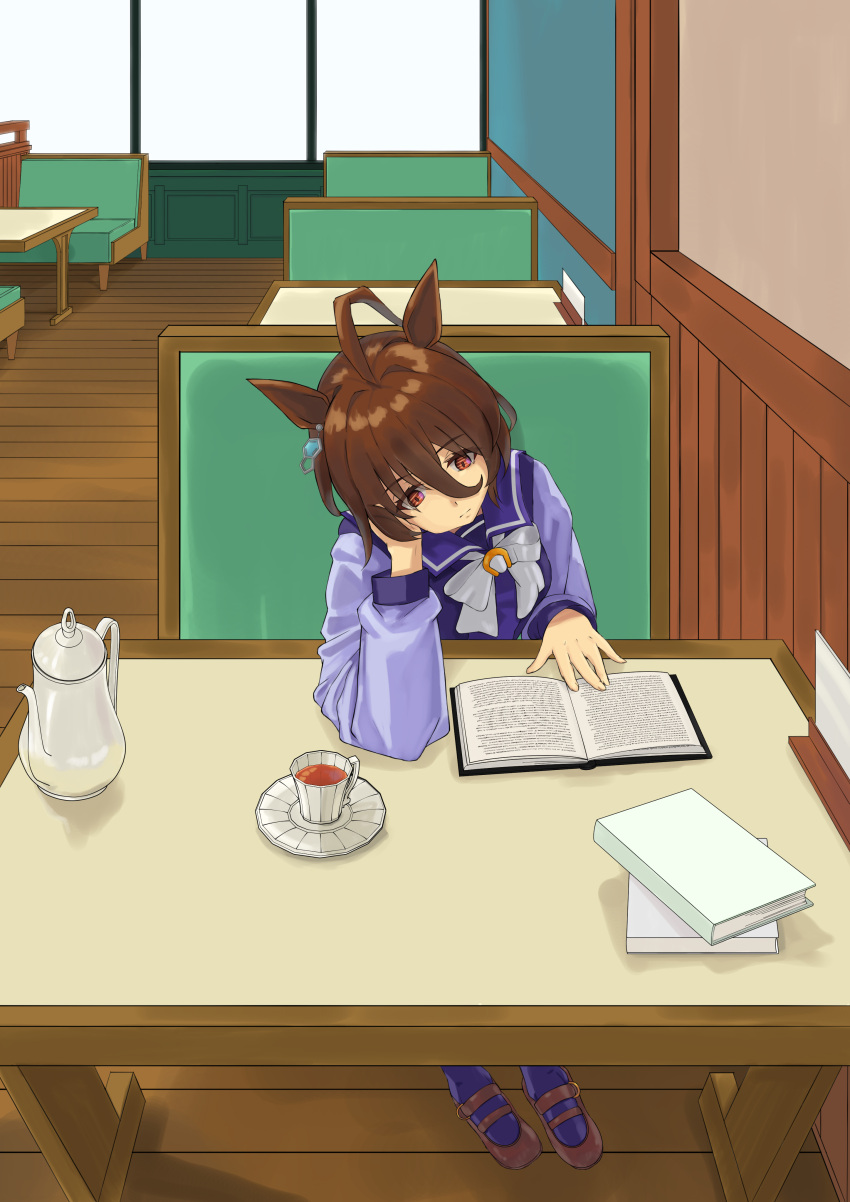 1girl absurdres agnes_tachyon_(umamusume) ahoge book bow brown_footwear brown_hair chemical_structure closed_mouth commentary_request cup earrings hair_between_eyes head_rest highres horse_girl jewelry loafers purple_shirt purple_thighhighs reading red_eyes sailor_collar school_uniform shahha shirt shoes single_earring sitting solo table tea teacup thigh-highs tracen_school_uniform umamusume white_bow winter_uniform