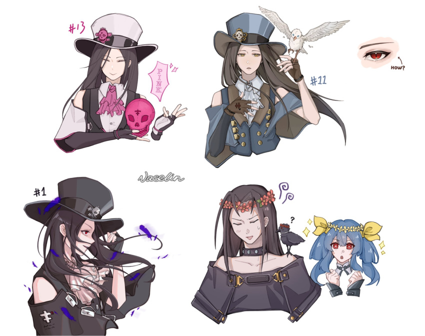 1girl alternate_color ascot bare_shoulders bird black_hair gloves guilty_gear guilty_gear_strive guilty_gear_xx hat head_wreath highres long_hair looking_at_viewer red_eyes skull smile vaselinwithout