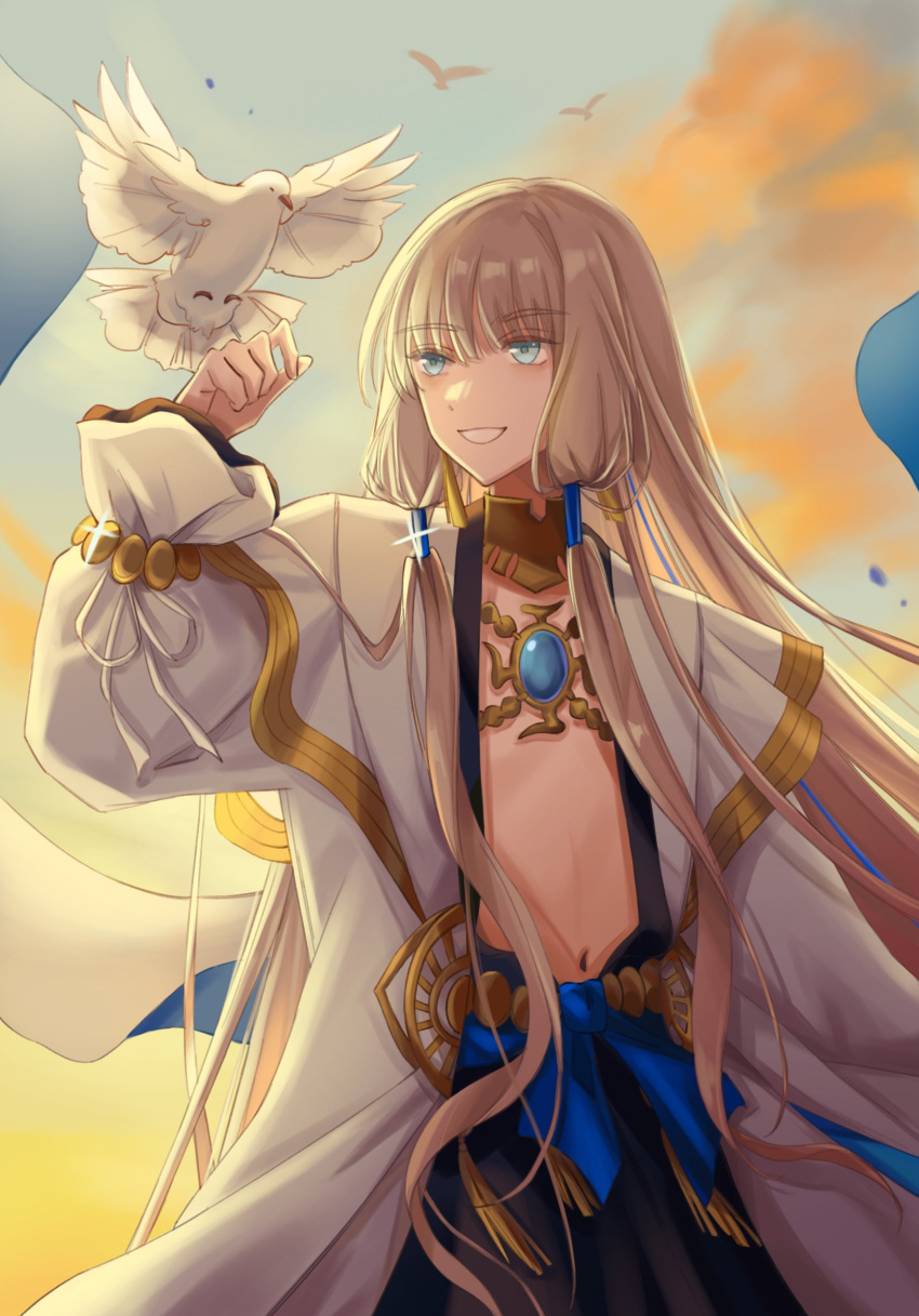 1boy animal_on_hand bird bird_on_hand black_robe blonde_hair blue_eyes clouds cloudy_sky coat commentary cowboy_shot fate/grand_order fate/grand_order_arcade fate_(series) glint gold_trim grin hand_up highres jewelry long_hair long_sleeves looking_at_animal low-tied_sidelocks male_focus navel necklace noah_(fate) open_clothes open_coat open_robe outdoors robe sidelocks sky smile solo sunset symbol-only_commentary very_long_hair white_bird white_coat zeyan_chelsea