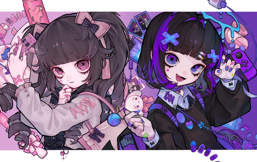 2girls :3 artist_name backpack bag bandaid_on_wrist black_bow black_hair blue_nails blunt_bangs bow cable candy cellphone charger choker closed_mouth crossed_bandaids drill_hair facial_mark fake_nails fang food game_console gradient_nails hair_bow hair_ornament halo heart heart_in_eye highres holding holding_candy holding_food holding_lollipop holding_phone jewelry jirai_kei letterboxed lollipop long_hair long_sleeves looking_at_viewer multicolored_hair multiple_girls nail_art nail_polish nail_polish_brush open_mouth original ornate_ring outside_border phone photo_(object) pill_hair_ornament pink_bow pink_eyes pink_nails plaid plaid_bow puffy_long_sleeves puffy_sleeves purple_choker purple_hair ring rotated short_hair signature streaked_hair symbol-shaped_pupils symbol_in_eye tira_27 twin_drills twitter_username two-tone_hair upper_body violet_eyes wifi_symbol x-shaped_pupils x_hair_ornament
