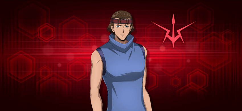 1boy arms_at_sides artist_request bare_shoulders blue_eyes blue_shirt brown_hair closed_mouth code_geass code_geass:_lost_stories drop_shadow game_cg hair_slicked_back headband highres logo looking_at_viewer male_focus non-web_source official_art red_background red_headband shirt short_hair sleeveless sleeveless_shirt solo standing turtleneck_shirt upper_body v-shaped_eyebrows yoshida_tooru_(code_geass)