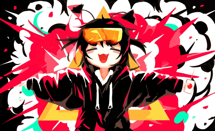 1girl :3 absurdres antennae black_hair black_hoodie blush closed_eyes controller countdown_boom!!!!!!!!!!_(vocaloid) drawstring explosion facing_viewer fang goggles goggles_on_head highres holding holding_remote_control hood hood_down hoodie ime-chan_(ime44) long_sleeves multicolored_background orange-tinted_eyewear original outstretched_arms puffy_long_sleeves puffy_sleeves remote_control shirt smile solo spread_arms stuffing_scone tinted_eyewear triangle upper_body v white_shirt