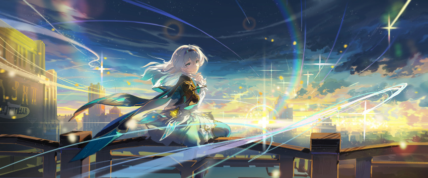 1girl absurdres aqua_skirt aqua_thighhighs backlighting black_hairband brown_jacket closed_mouth clouds cloudy_sky cropped_jacket firefly_(honkai:_star_rail) hairband hand_up highres honkai:_star_rail honkai_(series) jacket long_hair looking_at_viewer meteor_shower on_railing rafaelaaa railing shirt sitting skirt sky smile solo star_(sky) thigh-highs twilight white_hair white_shirt