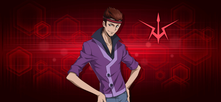 1boy artist_request beard_stubble black_shirt blue_pants brown_hair closed_mouth code_geass code_geass:_lost_stories collarbone collared_shirt drop_shadow facial_hair game_cg hands_on_own_hips happy headband high_collar highres jacket logo looking_at_viewer male_focus non-web_source official_art pants pectoral_cleavage pectorals pocket purple_jacket red_background red_headband shirt short_hair sidelocks sleeves_rolled_up smile solo spiky_hair standing stubble tamaki_shin'ichirou upper_body v-neck