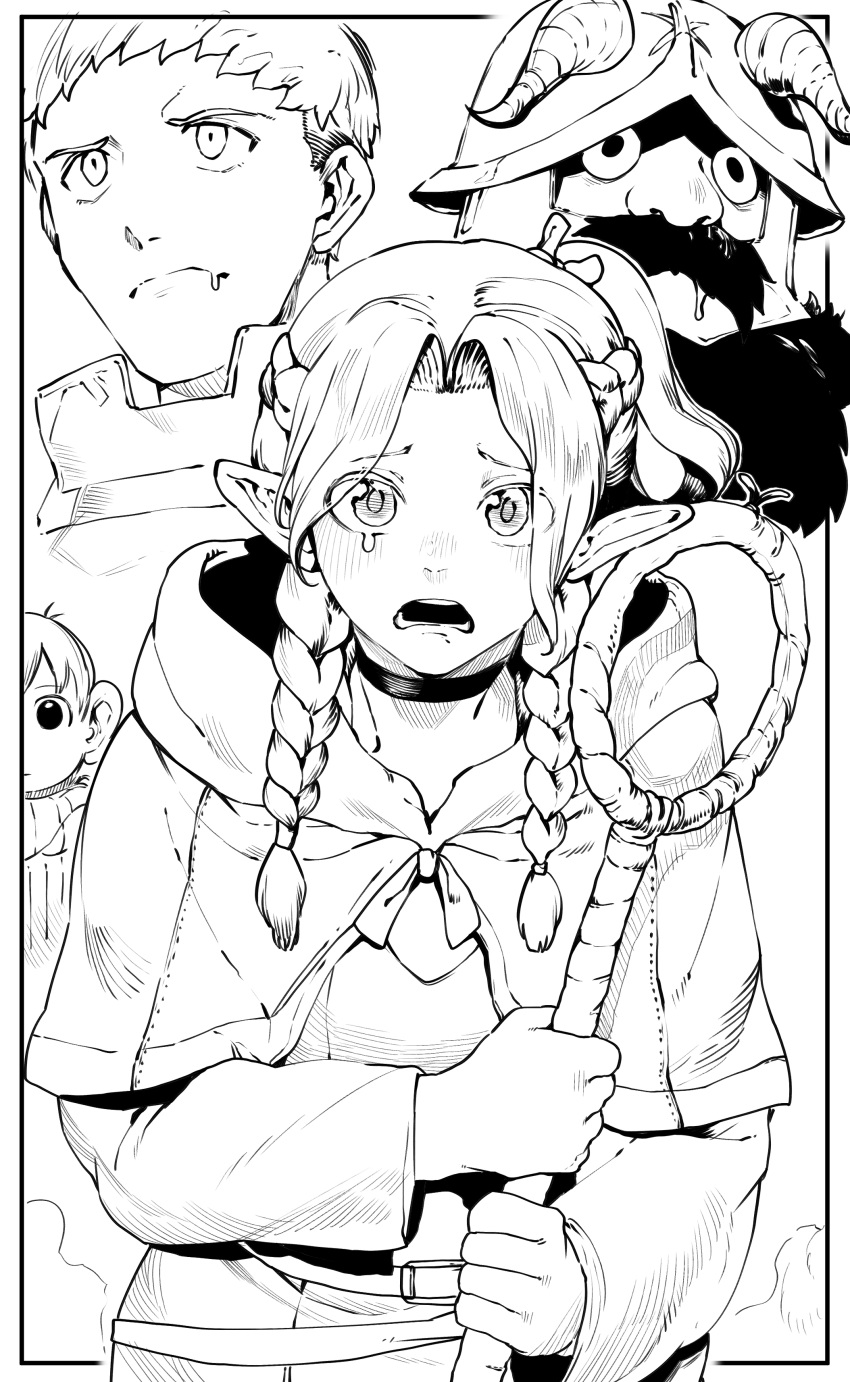 1girl 3boys absurdres beard braid chilchuck_tims closed_mouth crying crying_with_eyes_open dungeon_meshi facial_hair frown helmet highres holding holding_staff laios_thorden looking_at_viewer mage_staff marcille_donato monochrome multiple_boys mustache niwarhythm open_mouth robe saliva senshi_(dungeon_meshi) short_hair simple_background staff tears twin_braids white_background