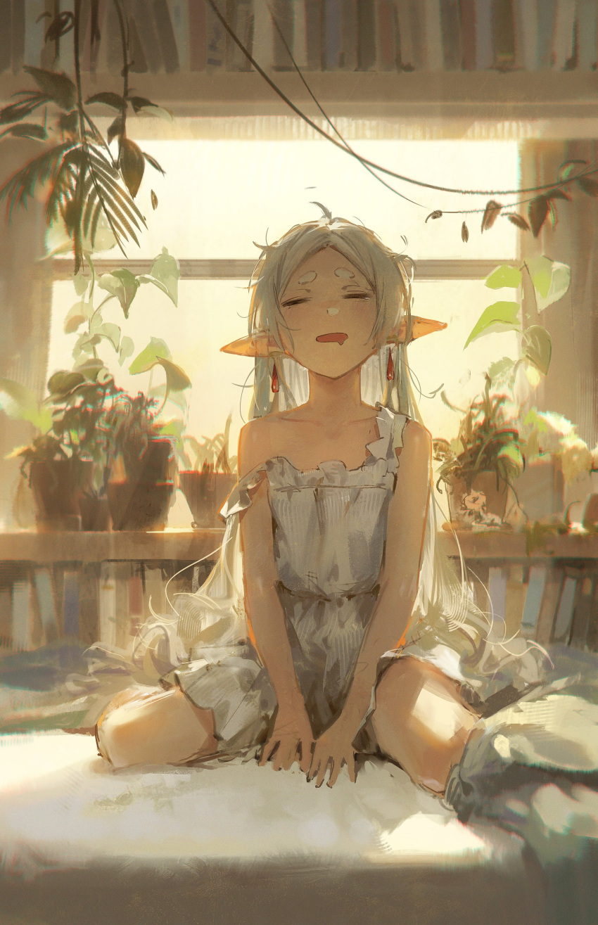 1girl absurdres backlighting between_legs closed_eyes collarbone commentary dino_(dinoartforame) drooling drop_earrings earrings facing_viewer frieren frilled_straps hand_between_legs highres indoors jewelry long_hair mouth_drool open_mouth plant pointy_ears potted_plant shirt short_eyebrows shorts sitting solo sousou_no_frieren strap_slip symbol-only_commentary very_long_hair wariza white_hair white_shirt white_shorts