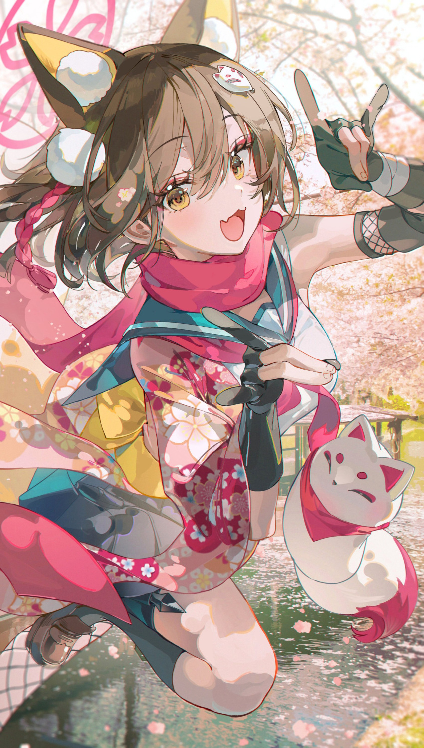 1girl absurdres animal_ears bare_shoulders black_gloves black_socks blue_archive brown_hair fang floral_print_kimono fox_ears fox_girl fox_shadow_puppet fox_tail gloves hadanugi_dousa hair_between_eyes hair_ornament highres izuna_(blue_archive) looking_at_viewer open_mouth outdoors partially_fingerless_gloves pink_scarf pom_pom_(clothes) pom_pom_hair_ornament rope scarf shimenawa shirt skin_fang sleeveless sleeveless_shirt smile socks solo tail textless_version translation_request wide_sleeves yellow_eyes z3zz4