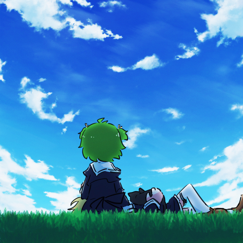 2girls andou_tazusa antenna_hair assault_lily black_cape black_skirt blonde_hair blue_sky brown_footwear cape cat cat_on_person clouds commentary covered_face day facing_away from_behind grass green_hair hair_ribbon hand_up high-waist_skirt highres juliet_sleeves knee_up lap_pillow leg_ribbon loafers long_sleeves lying multiple_girls on_back on_grass on_ground outdoors puffy_sleeves ribbon school_uniform shoes short_hair sitting skirt sky teisuu thigh-highs thigh_ribbon two_side_up white_thighhighs yellow_ribbon yoshimura_thi_mai yurigaoka_girls_academy_school_uniform