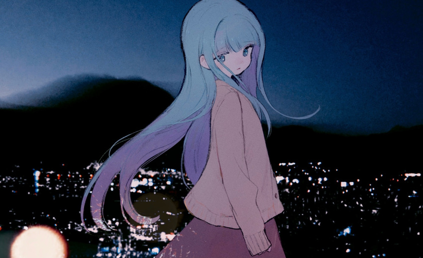 1girl blue_eyes blue_hair blunt_bangs brown_cardigan cardigan city_lights cityscape cowboy_shot fading from_side highres indie_virtual_youtuber long_hair long_sleeves looking_at_viewer looking_back night night_sky official_alternate_costume official_art outdoors photo_background skirt sky solo somunia standing transparent very_long_hair virtual_youtuber yorunogumo