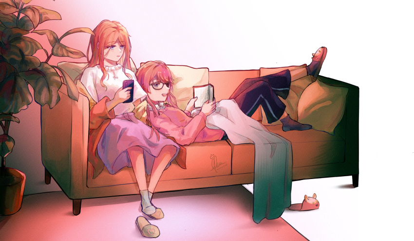 2girls absurdres bang_dream! bang_dream!_it's_mygo!!!!! black_pants blue_eyes blush brown_hair cellphone chihaya_anon couch glasses grey_eyes highres holding holding_phone indoors long_hair multiple_girls nagasaki_soyo on_couch open_mouth pants phone pink_hair pink_sweater plant potted_plant purple_skirt quinn_(quinyctal) shirt short_sleeves sidelocks signature skirt slippers smartphone sweatdrop sweater teeth white_shirt