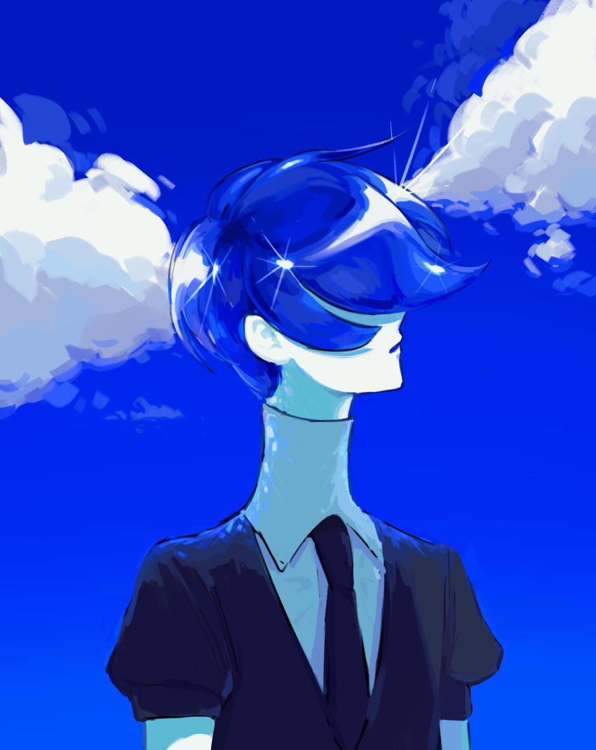 1other androgynous arms_at_sides benitoite_(houseki_no_kuni) black_necktie blue_hair blue_sky chinese_commentary closed_mouth clouds covered_eyes day gem_uniform_(houseki_no_kuni) highres houseki_no_kuni necktie other_focus profile puffy_short_sleeves puffy_sleeves puretw3530 short_hair short_sleeves sky solo sparkle upper_body wind