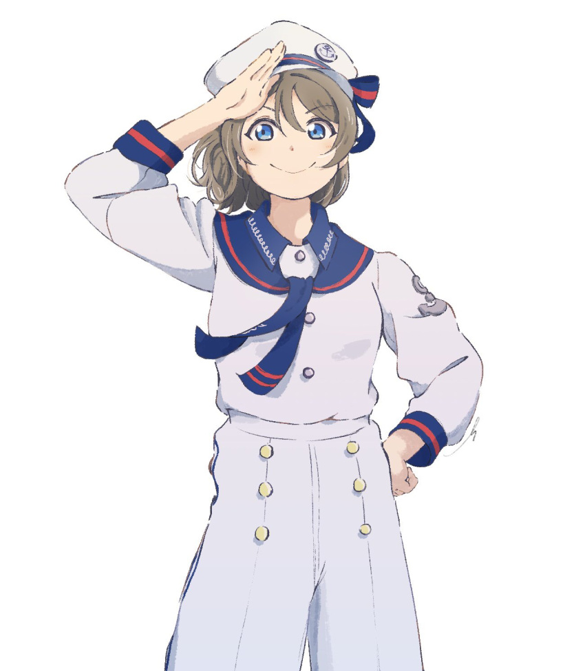 1girl anchor blue_eyes blush hat highres looking_at_viewer love_live! love_live!_sunshine!! necktie otukaresunshine ribbon sailor sailor_collar salute simple_background smile solo uniform watanabe_you