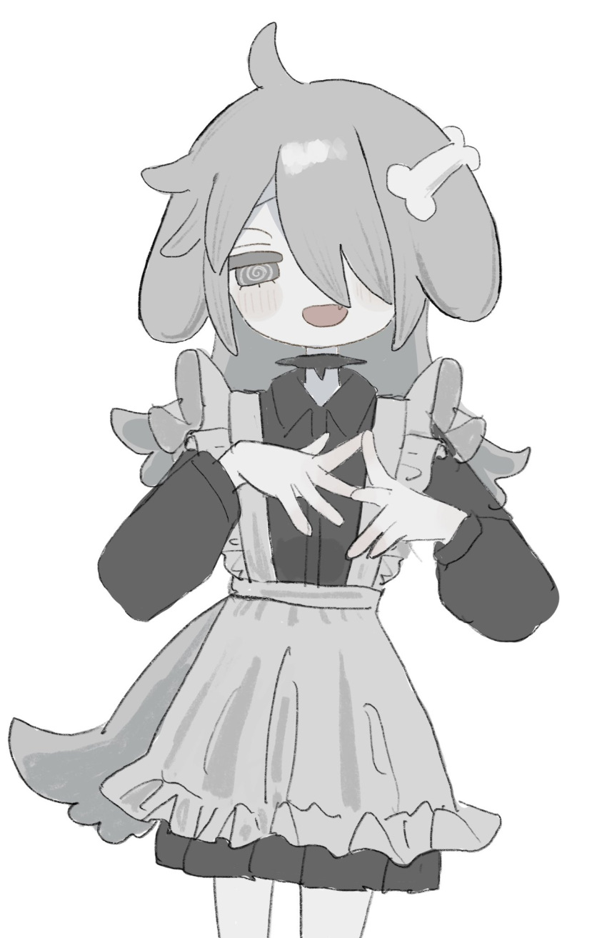 1girl :d @_@ ahoge animal_ears apron black_dress bone_hair_ornament borrowed_character collared_dress cowboy_shot dog_ears dog_girl dog_tail dress grey_hair hair_ornament hair_over_one_eye hands_up highres hougetsu_(moon_neetcat) long_hair long_sleeves looking_at_viewer maid_apron nuinuiwawan_(character) open_mouth original own_hands_together simple_background smile solo standing tail white_background