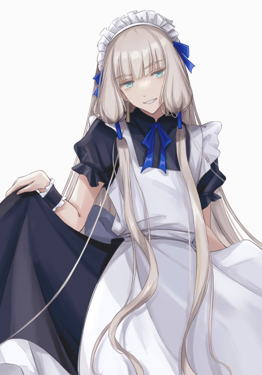 1boy alternate_costume apron black_dress blonde_hair blue_eyes blue_ribbon blunt_bangs collared_dress commentary cowboy_shot crossdressing dress earrings enmaided fate/grand_order fate/grand_order_arcade fate_(series) frilled_apron frilled_sleeves frills grin hair_ribbon head_tilt highres jewelry long_hair looking_at_viewer low-tied_sidelocks maid maid_apron maid_headdress male_focus male_maid neck_ribbon noah_(fate) otoko_no_ko puffy_short_sleeves puffy_sleeves ribbon short_sleeves simple_background skirt_hold smile solo symbol-only_commentary tassel tassel_earrings very_long_hair white_apron white_background wing_collar zeyan_chelsea