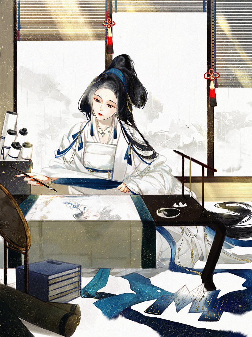 1girl black_hair blue_theme book book_stack bracelet chinese_clothes earrings facial_mark forehead_mark hair_bun half_updo hand_mirror hanfu highres holding_calligraphy_brush indian_style indoors jewelry lipstick long_hair long_sleeves makeup mirror necklace one_eye_closed original paintbrush_rack qfc-kiyoi rain red_lips robe scroll sitting solo table tassel tassel_earrings very_long_hair white_robe window window_blinds writing
