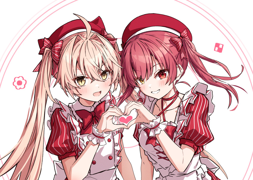 2girls ahoge alternate_costume blonde_hair blush bow bowtie collarbone commentary_request hair_between_eyes hair_bow hat heart heart_hands heart_hands_duo heterochromia highres hololive houshou_marine indie_virtual_youtuber long_hair looking_at_viewer multiple_girls puffy_short_sleeves puffy_sleeves red_bow red_bowtie red_eyes red_headwear redhead rurudo_lion short_hair short_sleeves simple_background striped_bow striped_clothes takanashi_kei_(hitsujikan) twintails upper_body vertical-striped_clothes virtual_youtuber white_background wrist_cuffs yellow_eyes