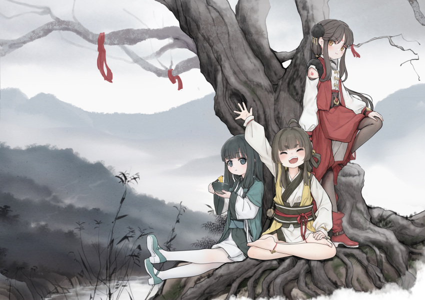 3girls :t ahoge bare_tree barefoot bell black_hair blue_footwear boots bowl brown_hair brown_pantyhose chinese_clothes chopsticks closed_mouth commentary eating food grey_eyes hair_bell hair_ornament hair_rings high_heels highres holding holding_bowl holding_chopsticks japanese_clothes jingle_bell kimono long_sleeves multiple_girls obi original outdoors overcast pantyhose puffy_long_sleeves puffy_sleeves red_footwear sash short_eyebrows sitting sky standing standing_on_one_leg symbol-only_commentary thick_eyebrows tree white_kimono white_ph