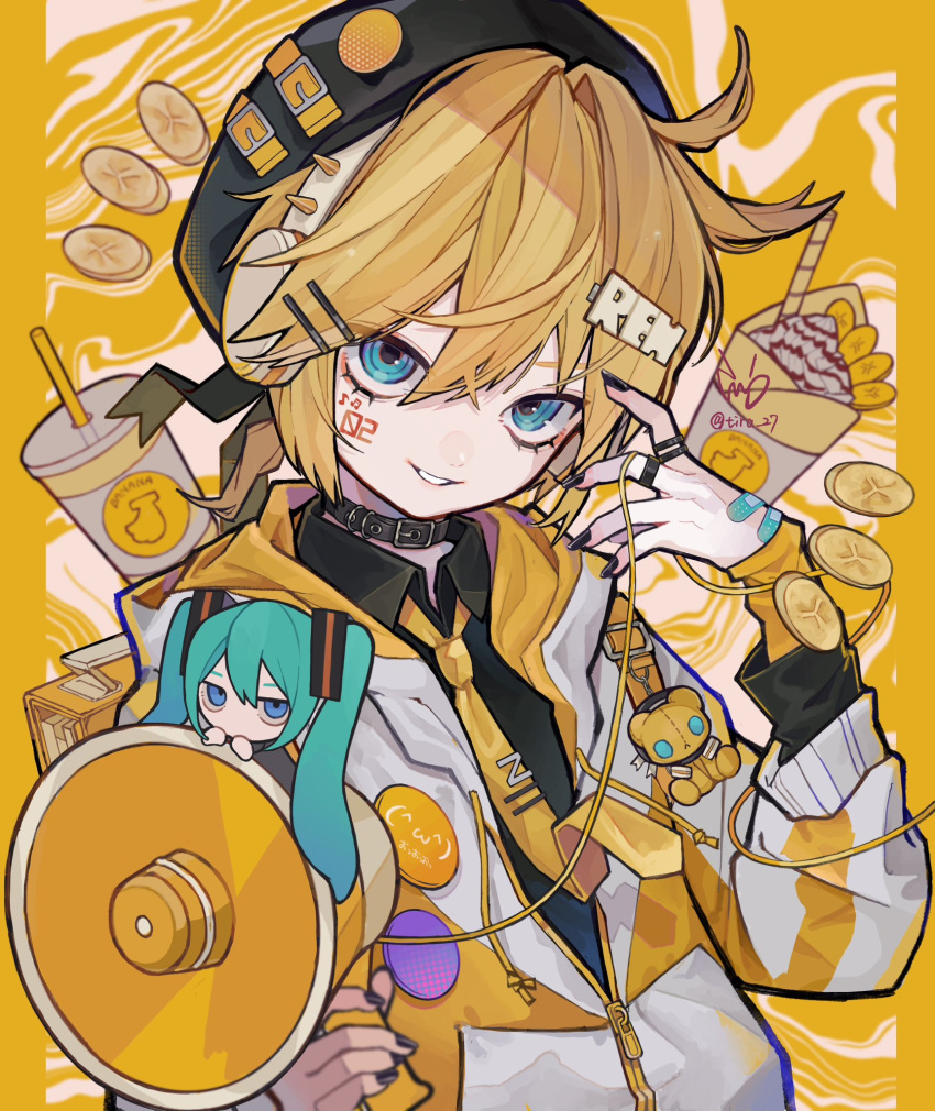 1boy 1girl aqua_eyes aqua_hair artist_name bandaid bandaid_on_hand belt belt_collar black_belt black_headwear black_nails black_shirt blonde_hair blue_eyes bow bowtie chibi collar cup drinking_straw facial_tattoo hair_between_eyes hair_ornament hatsune_miku highres holding holding_megaphone hood hood_down hooded_jacket jacket jewelry jitome kagamine_len long_hair long_sleeves looking_at_viewer megaphone multicolored_clothes multicolored_jacket musical_note_tattoo nail_polish number_tattoo parted_lips partially_unzipped ring shirt short_hair signature tattoo text_hair_ornament tira_27 twintails twitter_username two-tone_jacket upper_body vocaloid yellow_bow yellow_bowtie