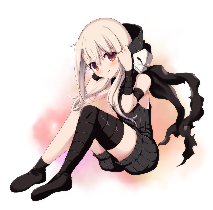 1girl assassin_(fate/zero) assassin_(fate/zero)_(cosplay) black_jumpsuit black_scarf black_thighhighs cosplay fate/kaleid_liner_prisma_illya fate_(series) highres hooded_jumpsuit illyasviel_von_einzbern jumpsuit long_hair mask mask_on_head morokoshi_(tekku) red_eyes ribbed_jumpsuit scarf single_thighhigh sitting skull_mask sleeveless_jumpsuit smile solo thigh-highs white_hair
