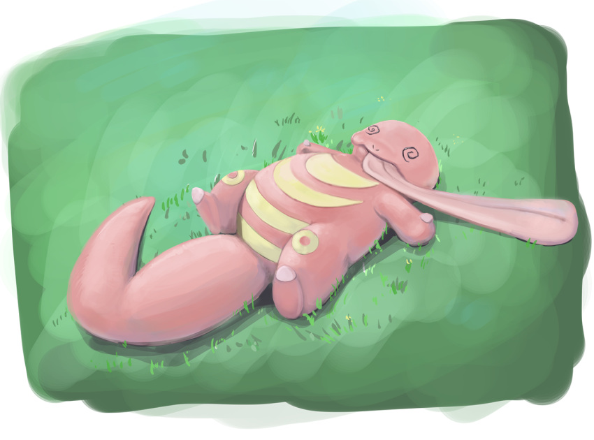 @_@ border commentary_request full_body grass lickitung long_tongue lying no_humans on_back outdoors pokemon pokemon_(creature) solo spiral-only_eyes suzuki_(pixiv_9092094) tongue tongue_out unconscious white_border