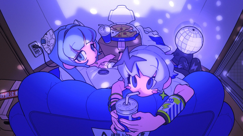 2girls blue_eyes blue_hair blunt_bangs box bracelet cardboard_box closed_mouth couch cup disco_ball disposable_cup drinking drinking_straw drinking_straw_in_mouth earrings eclair_groove electric_plug electrical_outlet food from_above hachika_chan highres holding holding_cup indie_virtual_youtuber indoors jewelry long_hair looking_at_viewer looking_back metro_mew multiple_girls official_art on_couch pizza pizza_box short_hair short_sleeves sitting somunia virtual_youtuber