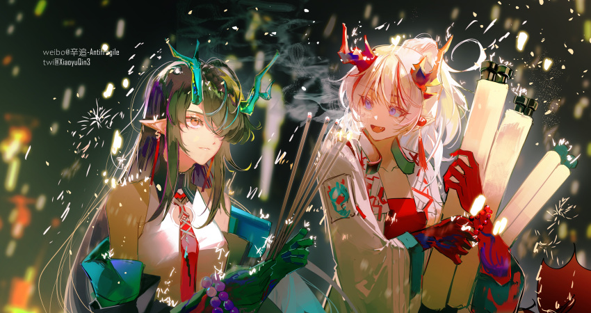 2girls absurdres arknights bandeau bead_bracelet beads black_hair blue_jacket bracelet closed_mouth collarbone colored_skin commentary_request dragon_girl dragon_horns dress dusk_(arknights) earrings fang hair_over_one_eye half_updo highres holding holding_scroll horns ikag incense jacket jewelry long_hair multicolored_hair multiple_girls necktie nian_(arknights) off_shoulder open_mouth pointy_ears red_eyes red_necktie redhead scroll siblings sidelocks sisters sleeveless sleeveless_dress streaked_hair tassel tassel_earrings twitter_username upper_body violet_eyes weibo_username white_dress white_hair white_jacket