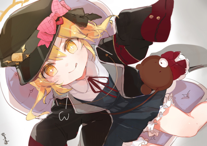+_+ 1girl :q absurdres armband black_coat black_headwear blonde_hair bloomers blue_archive blush bow chair coat collar collared_shirt commentary_request cushion dress dutch_angle feet_out_of_frame frills hair_between_eyes halo hat hat_bow hat_ornament heart heart_hat_ornament highres ibuki_(blue_archive) kamono looking_at_viewer looking_up neck_ribbon on_chair open_clothes open_coat oversized_clothes peaked_cap pinafore_dress pink_bow puff_of_air red_armband red_bow ribbon shiny_skin shirt simple_background sitting sleeveless sleeveless_dress sleeves_past_fingers sleeves_past_wrists smile solo stuffed_animal stuffed_toy teddy_bear tongue tongue_out twitter_username v-shaped_eyebrows white_bloomers white_shirt yellow_eyes yellow_halo