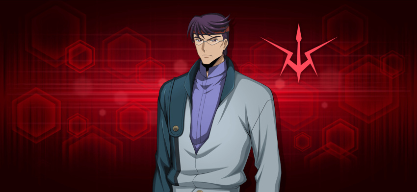 1boy arms_at_sides artist_request blue_jacket blue_shirt closed_mouth code_geass code_geass:_lost_stories drop_shadow game_cg glasses headband highres jacket logo long_sleeves looking_at_viewer male_focus minami_yoshitaka non-web_source official_art open_clothes open_jacket purple_hair red_background red_headband rimless_eyewear shirt short_hair solo standing swept_bangs triangular_eyewear upper_body v-shaped_eyebrows violet_eyes