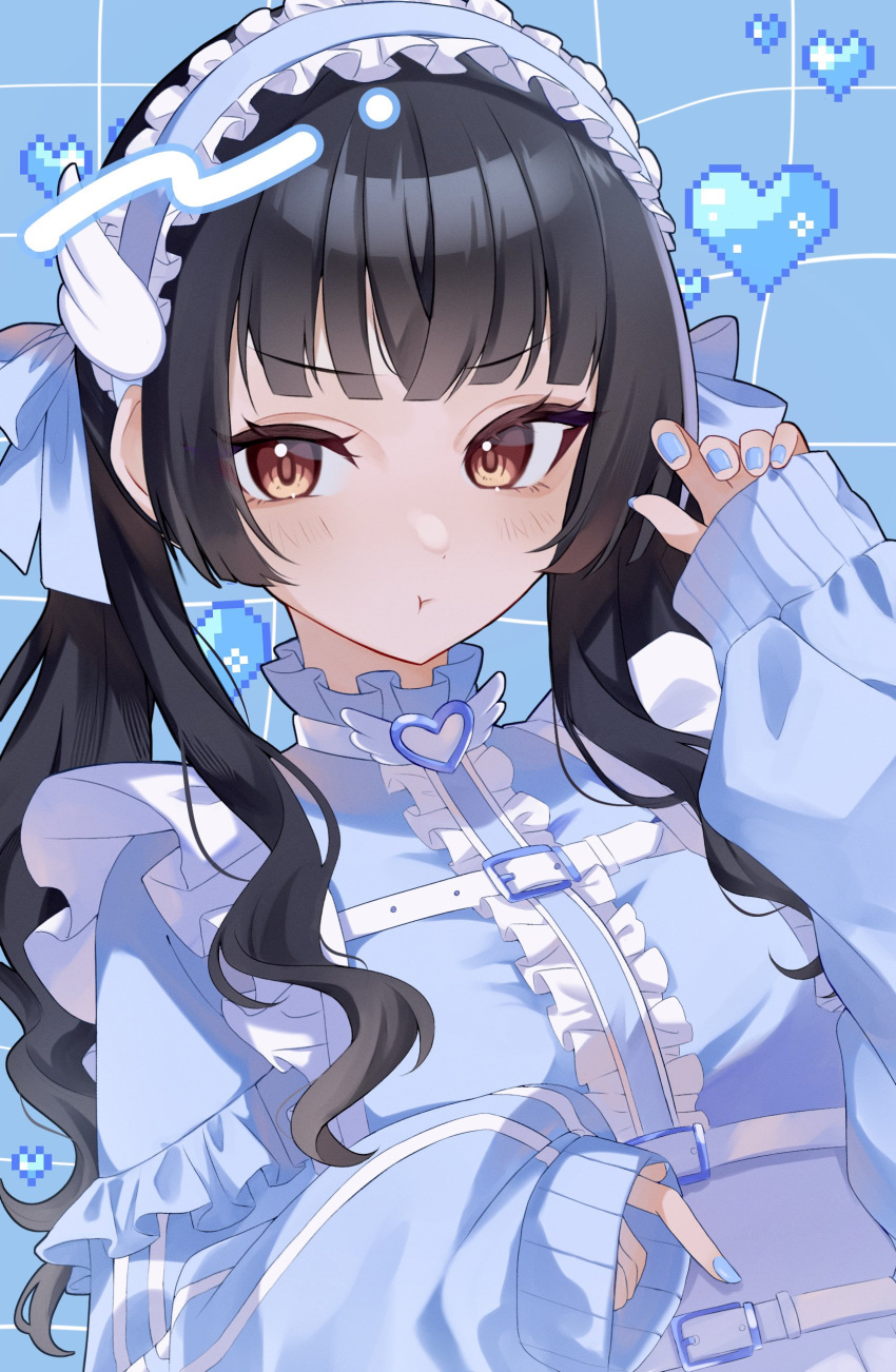 1girl :t absurdres black_hair blue_background blue_jacket blunt_bangs blush center_frills fingernails frilled_hairband frills hairband heart highres idolmaster idolmaster_shiny_colors jacket jersey_maid long_sleeves looking_at_viewer maid mayuzumi_fuyuko nail_polish pixel_heart shu10 solo track_jacket twintails unconventional_maid upper_body