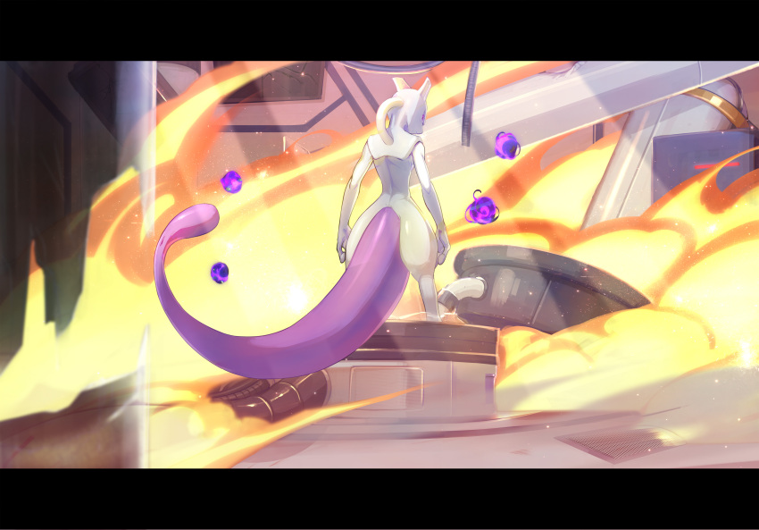 absurdres arms_at_sides closed_mouth commentary_request energy_ball fire from_behind frown highres kikken letterboxed looking_back mewtwo pokemon pokemon_(creature) solo standing violet_eyes