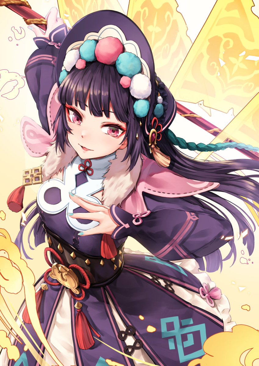 1girl absurdres black_hair blue_nails blunt_bangs bonnet capelet commentary dress flag funyariko fur_collar genshin_impact highres holding holding_polearm holding_weapon long_hair long_sleeves nail_polish parted_lips polearm red_eyes solo tassel weapon yun_jin_(genshin_impact)