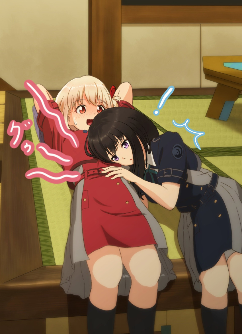 ! 2girls arema belt black_hair blonde_hair blush dress embarrassed hand_on_another's_stomach head_on_another's_stomach highres indoors inoue_takina long_hair lycoris_recoil lying multiple_girls nishikigi_chisato on_back on_floor on_side open_mouth pleated_dress pleated_skirt red_eyes short_hair skirt socks stomach_growling surprised sweatdrop violet_eyes