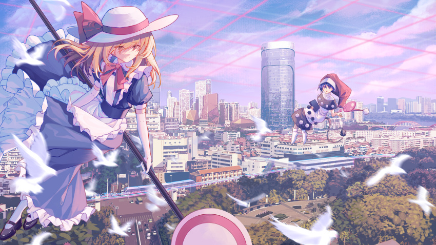 2girls absurdres apron bird black_capelet black_dress black_footwear blonde_hair blue_dress blue_hair bow bowtie bridge building capelet car cityscape closed_mouth clouds cloudy_sky commentary_request doremy_sweet dove dream_soul dress elbow_gloves floating frilled_apron frills full_body gloves hat hat_ribbon highres holding kana_anaberal long_hair mary_janes minuo motor_vehicle multiple_girls nightcap open_mouth orange_eyes outdoors park pom_pom_(clothes) puffy_short_sleeves puffy_sleeves red_bow red_bowtie red_headwear red_ribbon ribbon road_sign shoes short_hair short_sleeves sign sky skyscraper smile socks tail tapir_tail touhou touhou_(pc-98) train tree two-tone_dress white_apron white_dress white_footwear white_gloves white_headwear white_socks