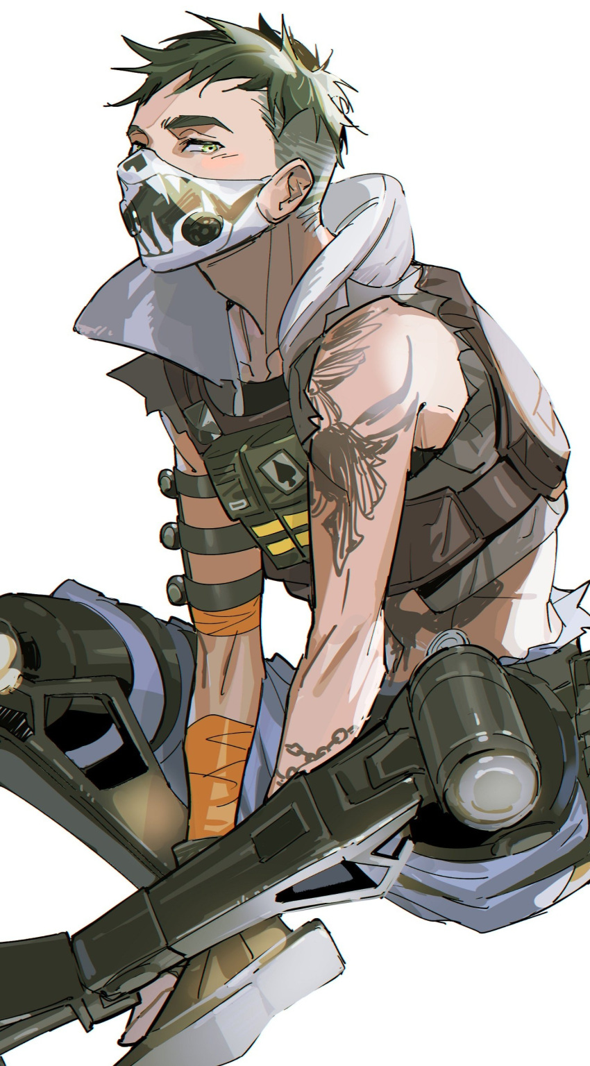 1boy absurdres animification apex_legends arm_tattoo arms_between_legs bad_id bad_twitter_id bandaged_arm bandages blue_shorts blush brown_vest cropped_vest green_eyes green_hair highres indian_style looking_to_the_side male_focus mask mechanical_legs mouth_mask octane_(apex_legends) short_hair shorts simple_background sitting solo spade_(shape) tattoo thundergotch torn_clothes torn_shorts undercut vest white_background