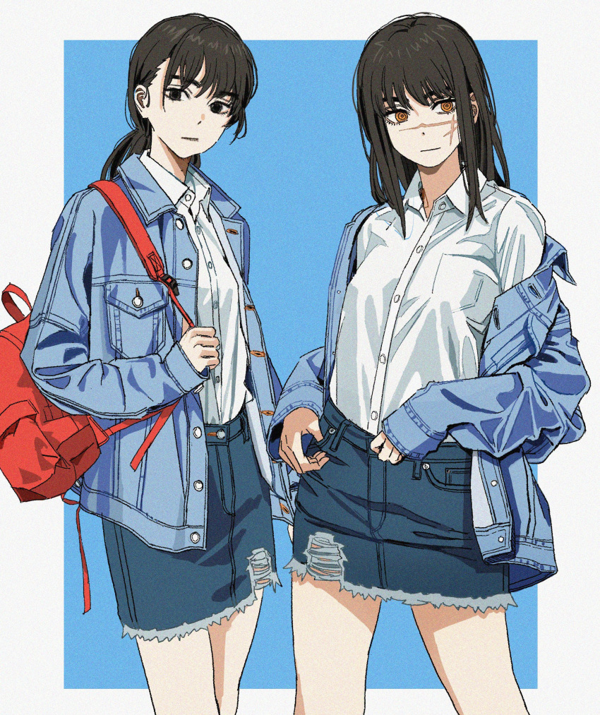 2girls absurdres backpack bag black_hair chainsaw_man cutoffs denim denim_jacket denim_skirt dual_persona highres holding holding_bag jacket jacket_partially_removed looking_at_viewer mitaka_asa multiple_girls ponytail ringed_eyes scar scar_on_face shiren_(ourboy83) shirt shirt_tucked_in simple_background skirt two-tone_background white_shirt yoru_(chainsaw_man)