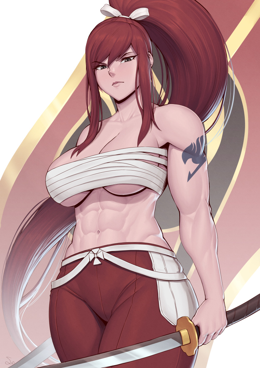 1girl abs absurdres bow breasts chest_sarashi erza_scarlet fairy_tail hair_bow highres holding holding_sword holding_weapon katana large_breasts long_hair looking_at_viewer muscular muscular_female navel official_alternate_costume pants ponytail red_pants redhead sarashi shoulder_tattoo solo speedl00ver sword tattoo toned weapon white_bow
