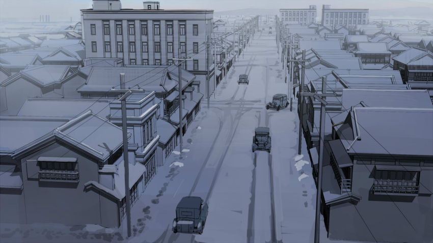 architecture building cable car greyscale house monochrome motor_vehicle no_humans old_car original road scenery seo_tatsuya skid_mark snow telegraph_lines town translation_request urban winter
