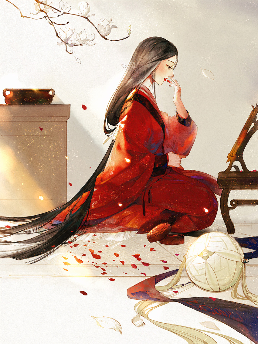 1girl applying_makeup ball black_hair branch bud chinese_clothes from_side full_body hand_up hanfu highres indoors lipstick long_hair long_sleeves looking_at_mirror low-tied_long_hair makeup mirror on_floor original petals profile puffy_long_sleeves puffy_sleeves qfc-kiyoi red_lips red_robe red_theme robe sash seiza sitting solo tassel very_long_hair white_footwear wide_sleeves