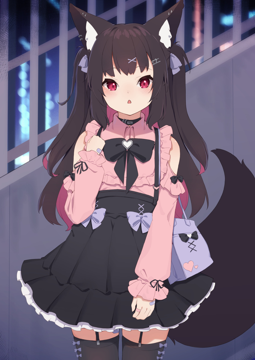 1girl absurdres animal_ear_fluff animal_ears bag bandaid bandaid_on_hand black_bow black_thighhighs bow brown_hair clenched_hand clothing_cutout collared_shirt commentary_request fox_ears fox_girl fox_tail garter_straps hair_ornament hairclip hand_up heart heart_hair_ornament highres hinata_(user_rjkt4745) jirai_kei long_hair long_sleeves looking_at_viewer multicolored_hair original parted_lips pink_shirt puffy_long_sleeves puffy_sleeves purple_hair shirt shoulder_bag shoulder_cutout skirt sleeves_past_wrists solo suspender_skirt suspenders tail thigh-highs two-tone_hair two_side_up very_long_hair violet_eyes x_hair_ornament