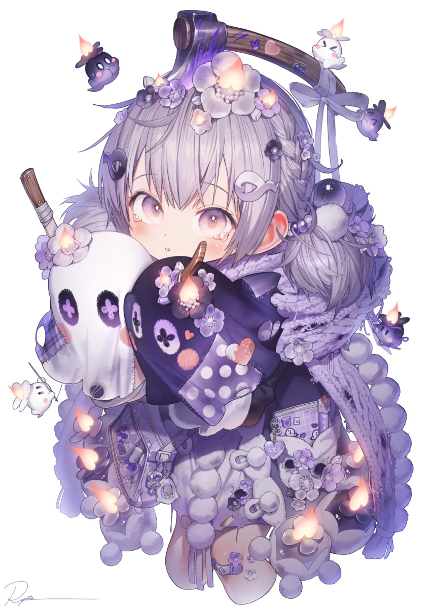 1girl artist_name axe barefoot black_flower blush braid chibi commentary cropped_legs feet_out_of_frame flower ghost grey_hair hair_flower hair_ornament hairpin heart heart_stickers highres looking_at_viewer low_twintails needle notebook original parted_lips patch pom_pom_(clothes) purple_flower ryota_(ry_o_ta) short_twintails signature simple_background sleeves_past_fingers sleeves_past_wrists solo sticker symbol-only_commentary tears twintails violet_eyes white_background white_flower