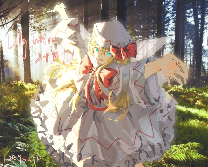 1girl blonde_hair blue_eyes bow dress forest highres hiharutara lily_white long_hair long_sleeves looking_at_viewer nature open_mouth outdoors outstretched_arms red_bow solo touhou white_dress white_headwear wide_sleeves wings