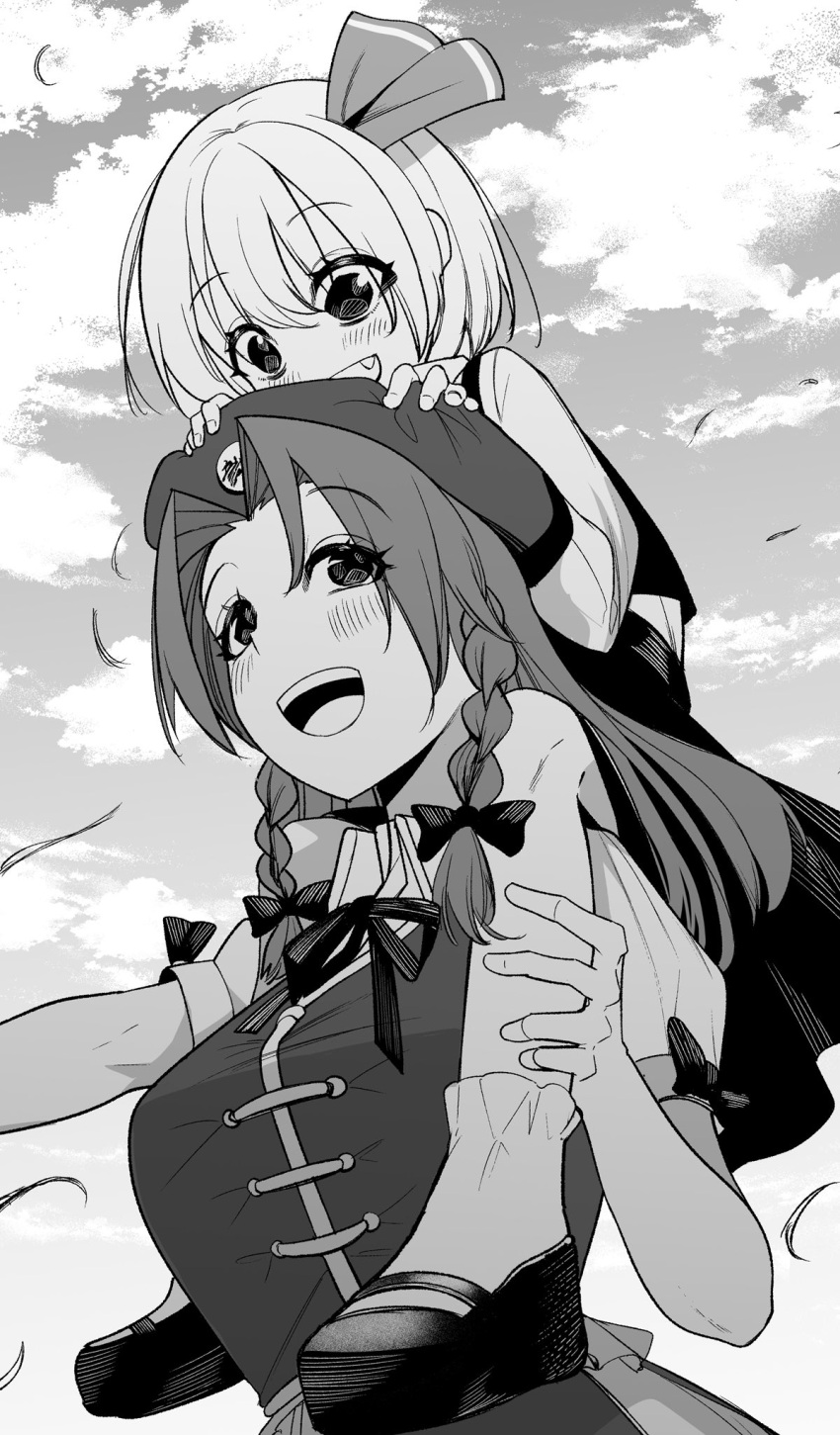 2girls beret blush braid clouds cloudy_sky commentary_request fang greyscale hair_ribbon hand_on_another's_leg hands_on_another's_head hat hat_ornament highres hong_meiling long_hair long_sleeves mary_janes monochrome multiple_girls neck_ribbon nodoguro_(phi-tan) open_mouth ribbon rumia shoes short_hair short_sleeves sitting_on_shoulder skirt sky sleeve_bow smile socks star_(symbol) star_hat_ornament teeth touhou twin_braids upper_teeth_only vest