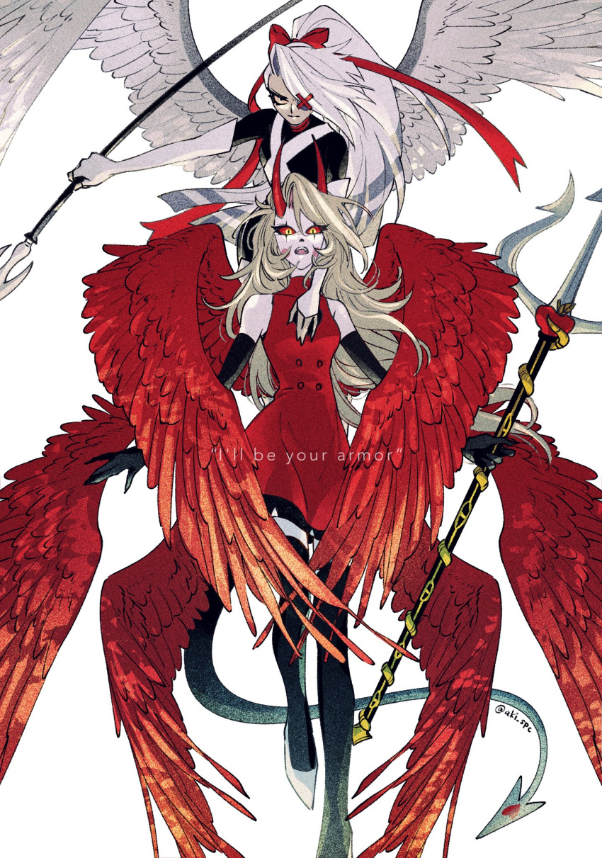 2girls aki_(supekutooru) angel angel_wings blonde_hair bow charlie_morningstar circle_facial_mark colored_sclera colored_skin demon_girl demon_horns demon_tail demon_wings dress elbow_gloves english_text feathered_wings gloves grey_hair grey_skin hair_bow hazbin_hotel highres holding holding_polearm holding_trident holding_weapon horns long_hair looking_at_viewer multiple_girls multiple_wings pink_sclera polearm red_bow red_dress red_sclera serious simple_background spear tail thigh-highs trident vaggie very_long_hair weapon white_skin wings yellow_eyes