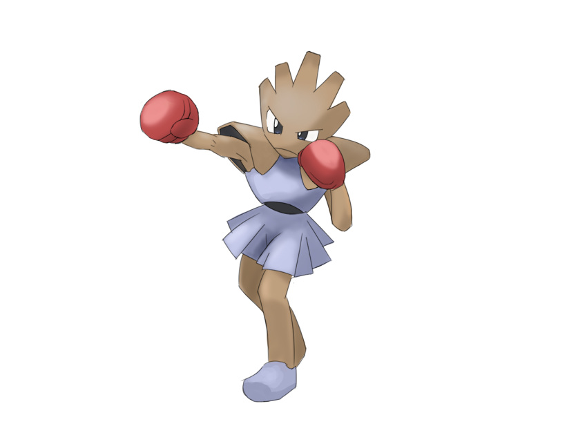 1boy black_eyes boxing_gloves clenched_hands closed_mouth commentary_request frown full_body grey_shirt grey_skirt hitmonchan male_focus pokemon pokemon_(creature) punching shirt simple_background skirt solo standing suzuki_(pixiv_9092094) white_background