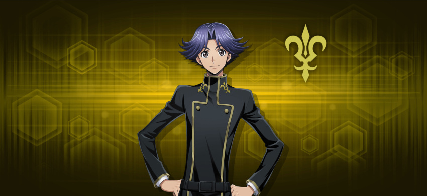 1boy artist_request black_shirt blue_hair buttons closed_mouth code_geass code_geass:_lost_stories drop_shadow game_cg grey_eyes hair_flaps hair_intakes hands_on_own_hips happy highres logo long_sleeves male_focus non-web_source official_art parted_bangs rivalz_cardemonde school_uniform shirt short_hair smile solo standing upper_body yellow_background