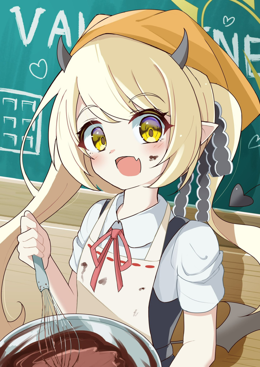 1girl :d apron blonde_hair blue_archive bowl buri-chan_(britishpine1989) chalkboard chocolate chocolate_making chocolate_on_face collared_shirt commentary demon_girl demon_horns demon_tail demon_wings dress english_text fang food food_on_face grey_horns grey_ribbon grey_tail grey_wings hair_ribbon halo head_scarf heart highres holding holding_bowl holding_whisk horns ibuki_(blue_archive) long_hair looking_at_viewer low_wings mixing_bowl open_mouth pinafore_dress pointy_ears ribbon shirt short_sleeves skin_fang sleeveless sleeveless_dress smile solo tail upper_body valentine whisk white_apron white_shirt wings yellow_eyes yellow_halo