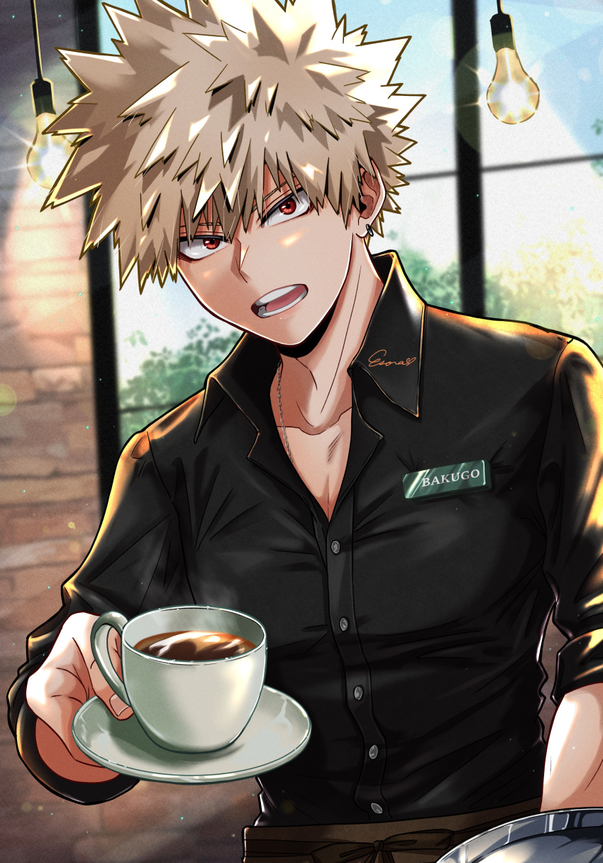 1boy absurdres apron bakugou_katsuki barista black_shirt blonde_hair boku_no_hero_academia brown_apron cafe coffee coffee_cup collared_shirt cup disposable_cup earrings esora-arts highres holding holding_saucer holding_tray indoors jewelry light_bulb looking_at_viewer male_focus name_tag necklace red_eyes saucer shirt solo spiky_hair steam tray waist_apron window